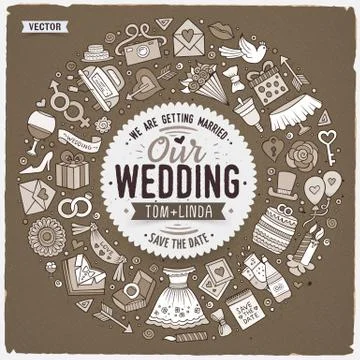 Set of Wedding cartoon doodle objects round frame Stock Illustration