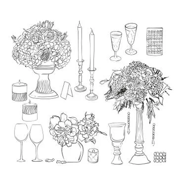 Set of Wedding decorations and objects. Ink vector set. Hand drawn flowers in Stock Illustration