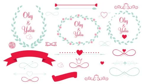 Set of Wedding Graphic Elements with Arrows, Hearts, Laurel, Ri Stock Illustration