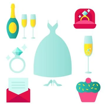 Set of wedding icons in flat style with an invitation or love letter wedding Stock Illustration