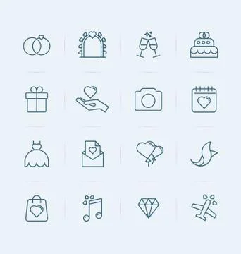 Set of wedding icons in thin line style for invitation, menu or web site. Illustrazione stock