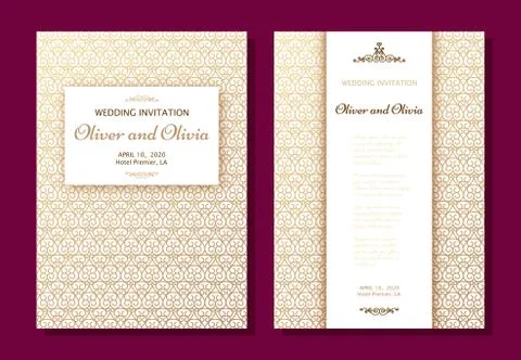 Set of wedding invitation templates. Cover design with gold swirl ornaments Stock Illustration