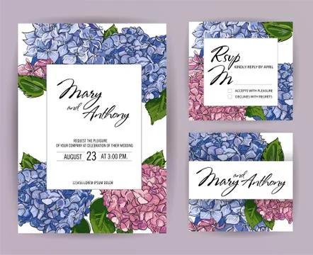 Set of Wedding Invitations, hydrangea invite A5 card Design: Hand drawn color Stock Illustration