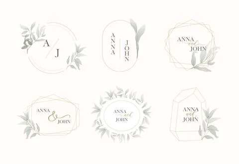 Set of Wedding monogram, logo golden frame with green watercolor leaves. Stock Illustration