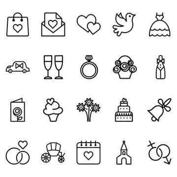 Set of Wedding Related Vector Line Icons. Stock Illustration