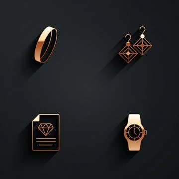 Set Wedding ring, Earrings, Certificate of the diamond and Wrist watch icon with Stock Illustration