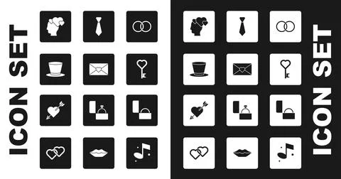 Set Wedding rings, Envelope with Valentine heart, Cylinder hat, Head, Key shape Stock Illustration