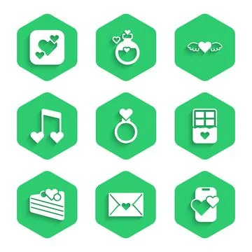 Set Wedding rings, Envelope with Valentine heart, Dating app online mobile, C Stock Illustration