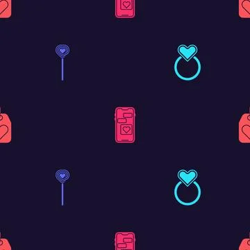Set Wedding rings, Lollipop, Mobile with heart and Heart tag on seamless patt Stock Illustration