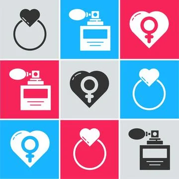 Set Wedding rings, Perfume and Female gender in heart icon. Vector Ilustração Stock