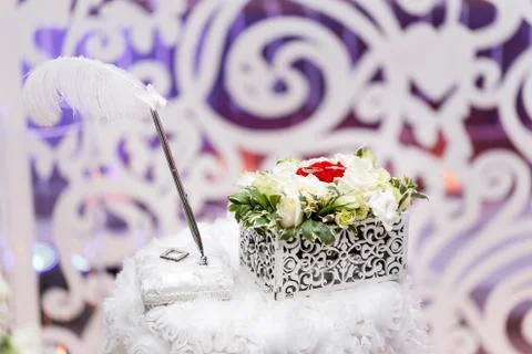 Set of wedding rings in Red and white rose taken closeup. wedding concept Stock Photos