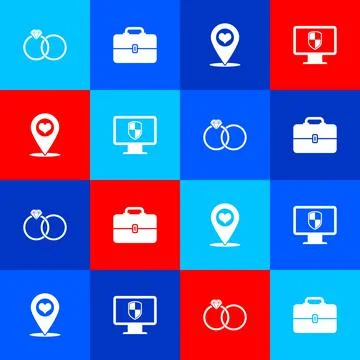 Set Wedding rings, Toolbox, Map pointer with heart and Monitor and shield icon Illustrazione stock