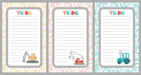 Set weekly or daily planner for children. Childrens construction equipment, t Stock Illustration