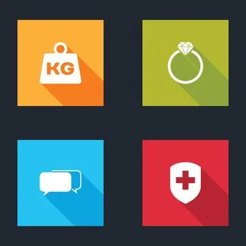 Set Weight, Diamond engagement ring, Chat and Medical shield with cross icon Stock Illustration