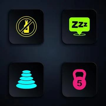 Set Weight, No alcohol, Stack hot stones and Sleepy. Black square button. Vector Stock Illustration