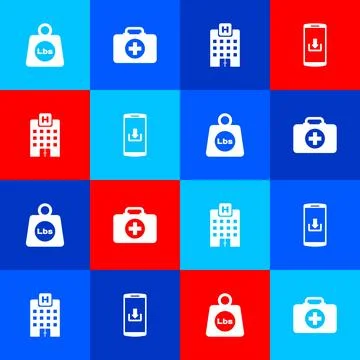 Set Weight pounds, First aid kit, Medical hospital building and Smartphone with Ilustração Stock