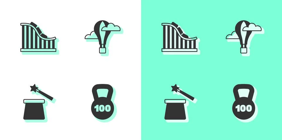Set Weight, Roller coaster, Magic hat and wand and Hot air balloon icon. Vector Illustrazione stock