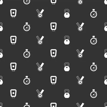 Set Weight, Stopwatch, Boxing training paws and Medal on seamless pattern. Ve Illustrazione stock