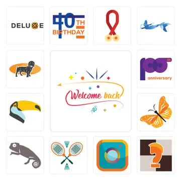 Set of welcome back, chess knight, camera, badminton, chameleon, monarch butt 무료 스톡 일러스트