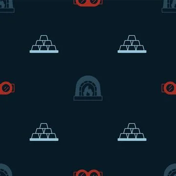 Set Welding glasses, Blacksmith oven and Gold bars on seamless pattern. Vector Stock Illustration
