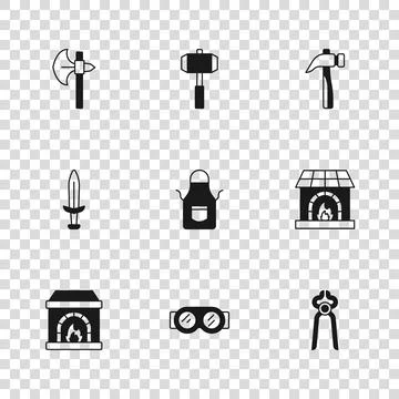 Set Welding glasses, Blacksmith oven, pliers tool, apron, Hammer, Medieval .. Stock Illustration