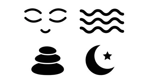 Set of wellness icons including zen facial expression wave air flow stones .. 库存插图