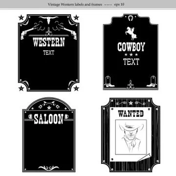 Set of Western backgrounds. Vector black graphic labels isolated on white Stock Illustration