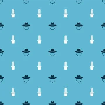 Set Western cowboy hat and Cactus peyote in pot on seamless pattern. Vector Stock Illustration