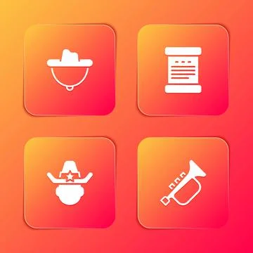 Set Western cowboy hat, Declaration of independence, Sheriff and Trumpet icon 스톡 일러스트