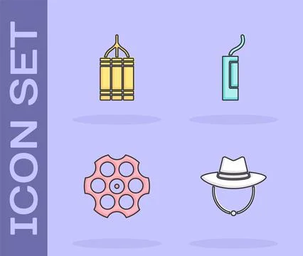Set Western cowboy hat, Dynamite bomb, Revolver cylinder and icon. Vector Stock Illustration