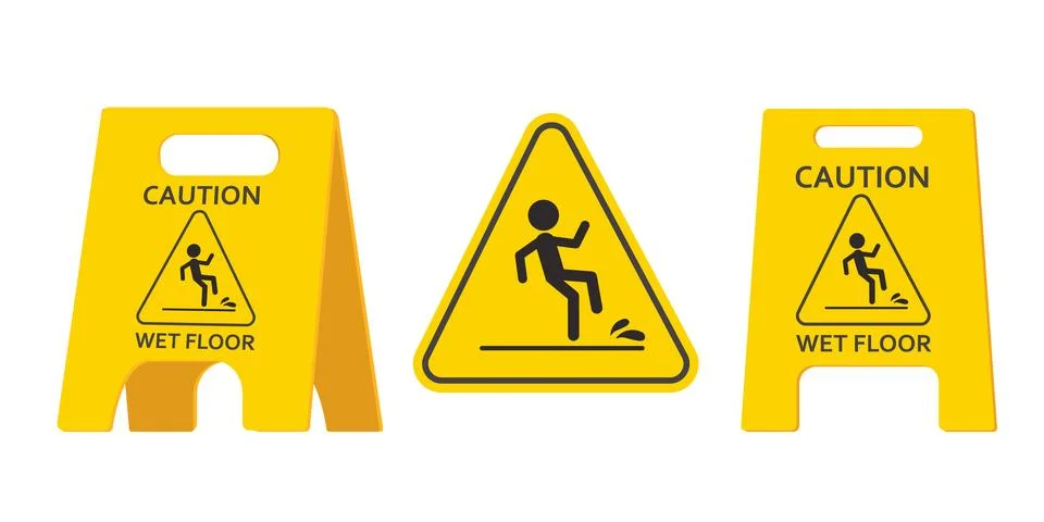 Set Wet floor caution warning sign, yellow symbol isolated on white background Stock Illustration