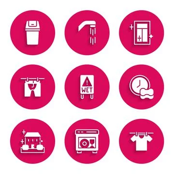 Set Wet floor, Dishwasher machine, Drying clothes, Washing dishes, Home cleaning Stock Illustration