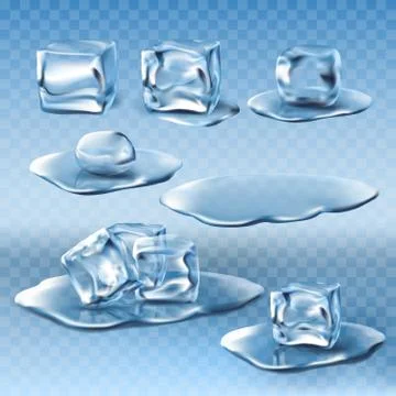 Set of wet melting ice cubes and water puddles Stock Illustration