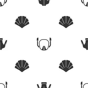 Set Wetsuit, Diving mask and Scallop sea shell on seamless pattern. Vector Illustrazione stock