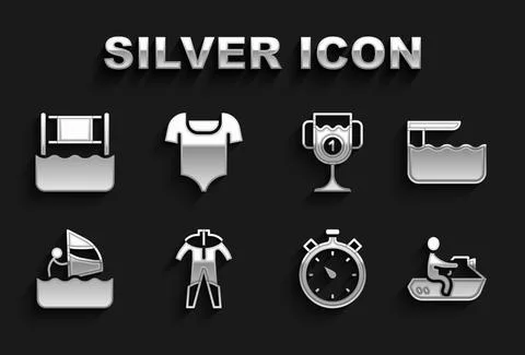 Set Wetsuit for scuba diving, Diving board springboard, Jet ski, Stopwatch Stock Illustration
