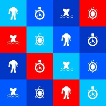 Set Wetsuit for scuba diving, Stopwatch, Whale tail and Turtle icon. Vector Stock Illustration