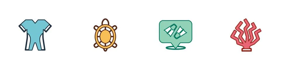 Set Wetsuit for scuba diving, Turtle, Flippers swimming and Coral icon. Vector Stock Illustration