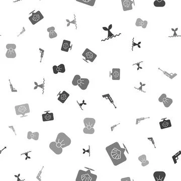 Set Whale tail in ocean wave, Scallop sea shell, Fishing harpoon and Shell with Stock Illustration
