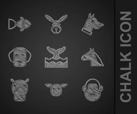 Set Whale tail in ocean wave, Pig, Monkey, Horse head, Hippo Hippopotamus, Dog Illustration