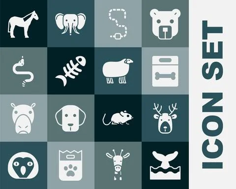 Set Whale tail in ocean wave, Deer head with antlers, Dog bone, Worm, Fish Illustrazione stock