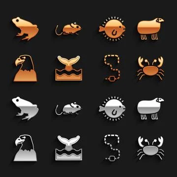 Set Whale tail in ocean wave, Sheep, Crab, Worm, Eagle head, Puffer fish, F.. Illustrazione stock