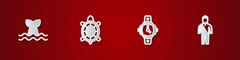 Set Whale tail, Turtle, Diving watch and Wetsuit for scuba diving icon. Vector Stock Illustration