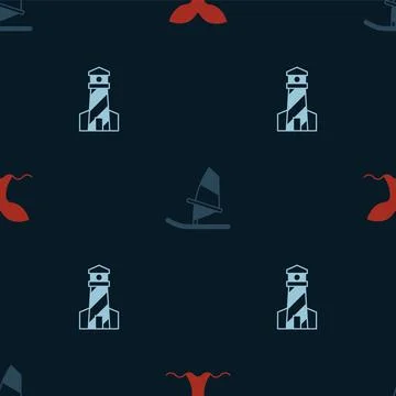 Set Whale tail, Windsurfing and Lighthouse on seamless pattern. Vector Illustration