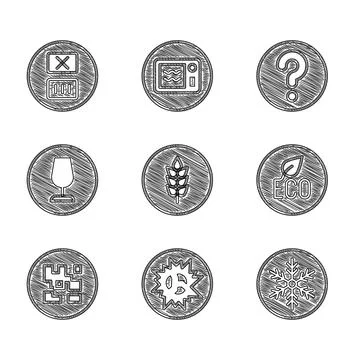 Set Wheat, Bomb explosion, Snowflake, Leaf Eco symbol, QR code, Fragile broken イラスト素材