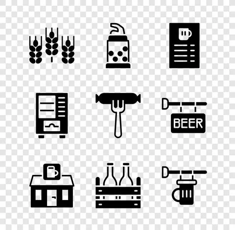 Set Wheat, Bottle opener, Beer menu, Store building of beer shop, Pack bottles Ilustración de archivo
