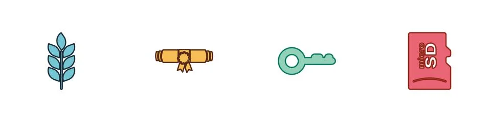 Set Wheat, Diploma rolled scroll, Key and Micro SD memory card icon. Vector Illustrazione stock