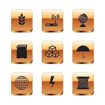 Set Wheat, Earth globe, Lightning bolt, Isometric cube, SD card and icon. Vector Stock Illustration