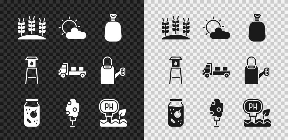 Set Wheat, Sun and cloud weather, Full sack, Jam jar, Tree with apple, Soil ph Stock Illustration