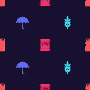 Set Wheat, Umbrella, Paper scroll and Micro SD memory card on seamless pattern Stock Illustration