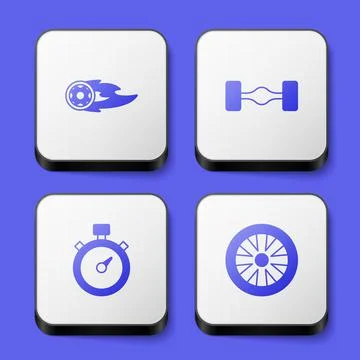 Set Wheel in fire flame, Chassis car, Stopwatch and Alloy wheel for icon. White Stock Illustration